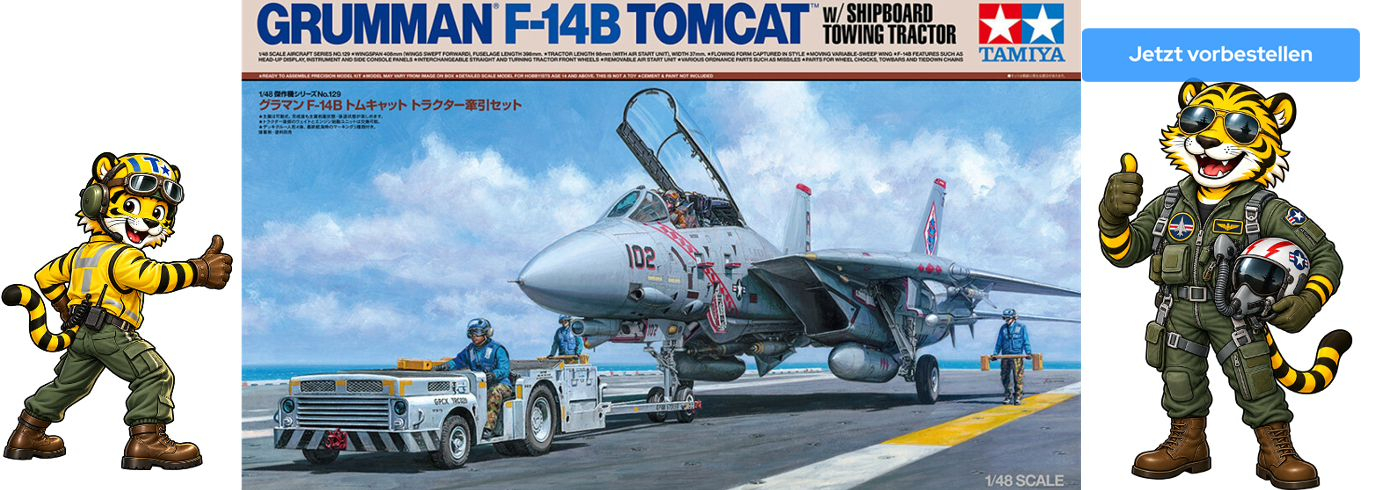 Tamiya 61129 Grumman F-14B Tomcat with Shipboard Towing Tractor - 1:48