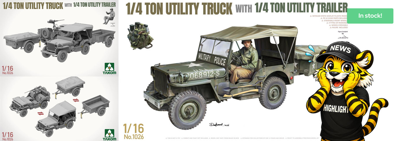 Takom 1026 US 1/4-ton Utility Truck + 1/4-ton Utility Trailer - 1/16