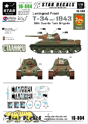 T-34/76 - Modell 1943  - 30. Panzer Brigade - Leningrad Front - 1943 -  106 - Abziehbilder-Set - 1:16