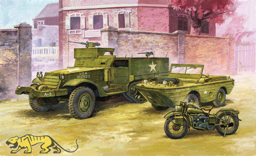 US M3 Half track & 1/4t Amphibian Vehicle + Motorcycle - 1:72