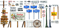 Zubehör-Set für Dioramen - Straßenschilder, Telegrafenmasten, Straßenlaternen, Zäune - 1:48